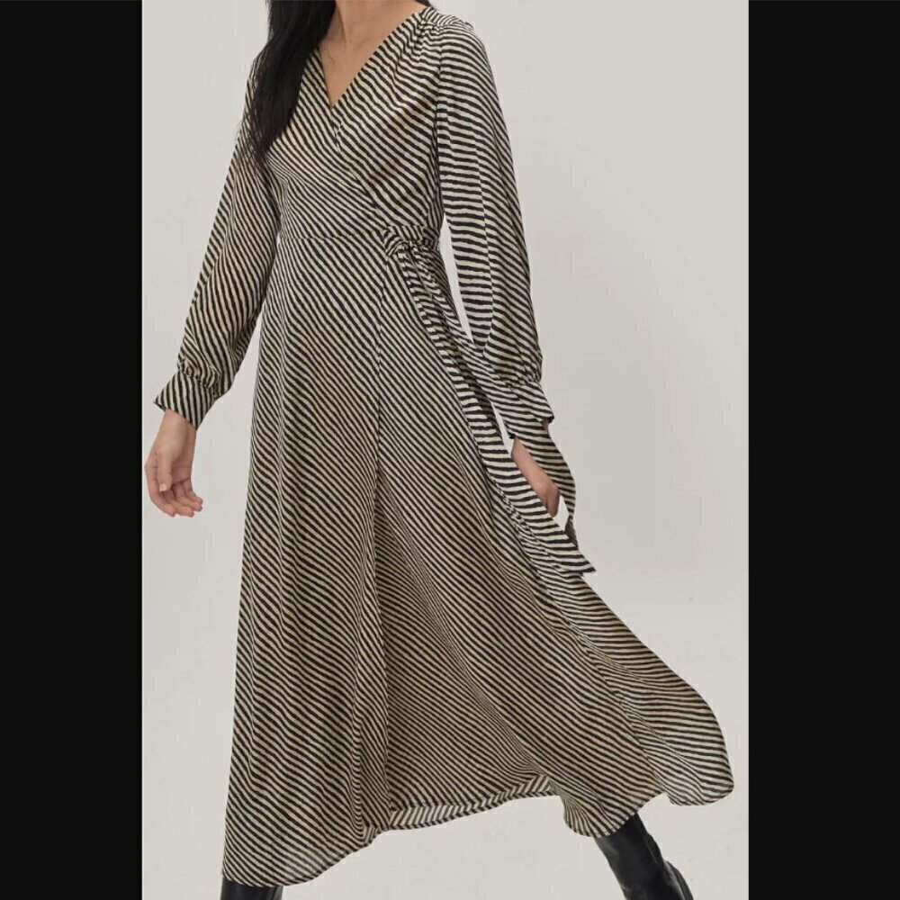 Nasty Gal Satin Mono Stripe Wrap Midaxi Dress XL NWT NEW